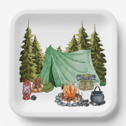 Cute Camping Theme Campfire Tent Forest Paper Plates