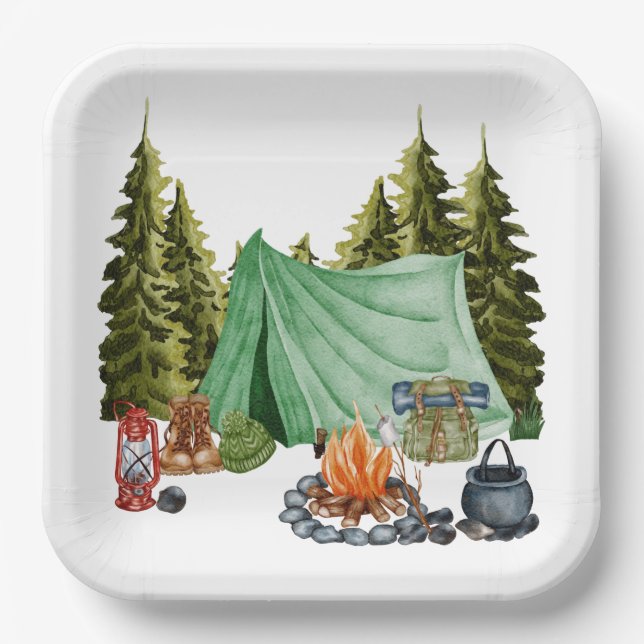 Cute Camping Theme Campfire, Tent, Forest Paper Plates (Front)