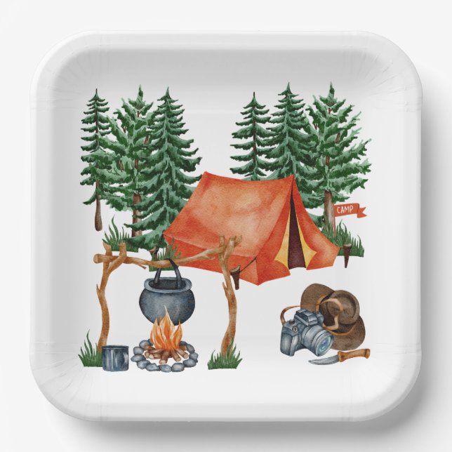 Cute Camping Theme Campfire, Tent, Forest Paper Plates (Front)