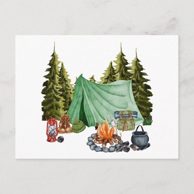 Cute Camping Theme Campfire, Tent, Forest Postcard (Front)
