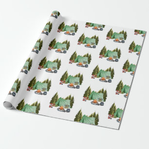 Cute Camping Theme Campfire, Tent, Forest Wrapping Paper