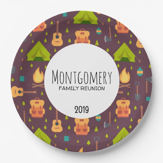 Cute Camping Themed Pattern Family Reunion Paper Plates (Front)