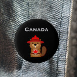 Cute Canada Beaver with Maple Leaf Dark Color Button<br><div class="desc">Shows a cute brown cartoon beaver wearing a red hat holding a red Canada maple leaf. The word "Canada" is above the animal in a lovely script text. Lovely souvenir or gift.
Adorable,  patriotic design for kids,  Canadians,  and their visitors. For Canada Day on July 1st.</div>