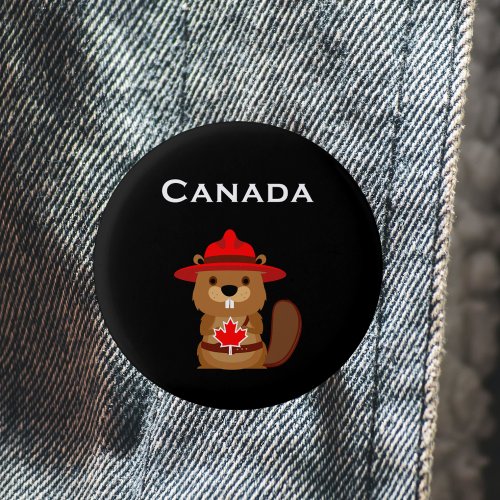 Cute Canada Beaver with Maple Leaf Dark Color Button