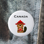 Cute Canada Beaver with Maple Leaf Light-Color Button<br><div class="desc">Shows a cute brown cartoon beaver wearing a red hat holding a red Canada maple leaf. The word "Canada" is above the animal in a lovely script text. Lovely souvenir or gift.
Adorable,  patriotic design for kids,  Canadians,  and their visitors. For Canada Day on July 1st.</div>