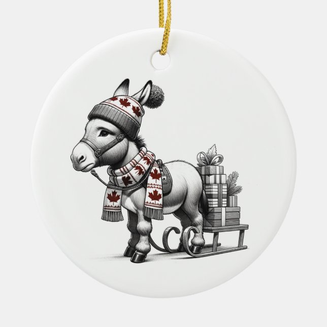Cute Canadian Christmas Donkey Ceramic Ornament (Front)