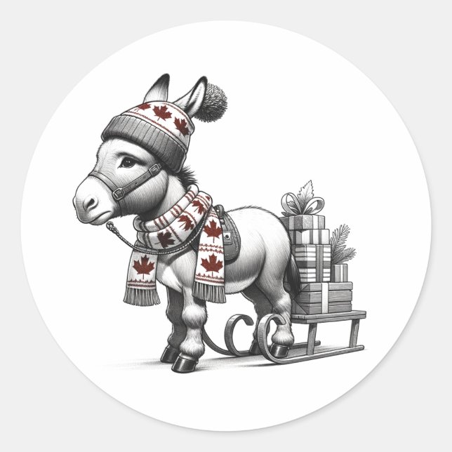 Cute Canadian Christmas Donkey Classic Round Sticker (Front)