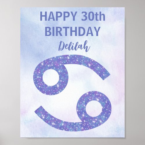 Cute Cancer Custom Purple Astrology Birthday Party Poster