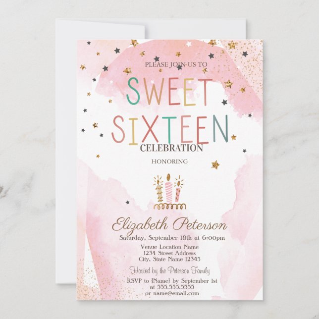 Cute Candles Stars Colorful Sweet 16 Invitation (Front)