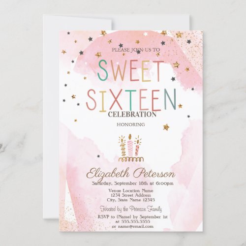 Cute Candles Stars Colorful Sweet 16 Invitation