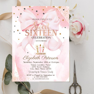 Cute Candles Stars Pink Bow Sweet 16 Invitation