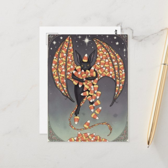 Cute Candy Bat Halloween Postcard (Front/Back In Situ)