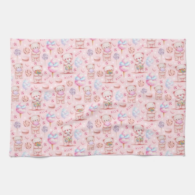 Cute Candy Bear and Sweets Seamless Pattern Kitchen Towel (Horizontal)