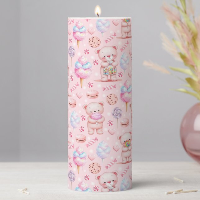 Cute Candy Bear and Sweets Seamless Pattern Pillar Candle (In Situ)
