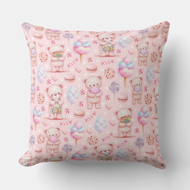 Cute Candy Bear and Sweets Seamless Pattern Throw Pillow (Front)