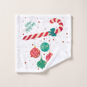 Cute Candy Cane and Christmas Ornaments Holiday Wash Cloth