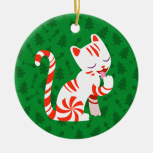 Cute Candy Cane Cat Ceramic Ornament