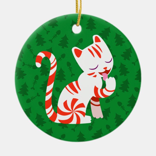 Cute Candy Cane Cat Ceramic Ornament (Front)