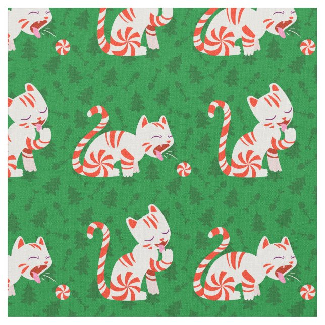 Cute Candy Cane Cat Fabric (Close Up)