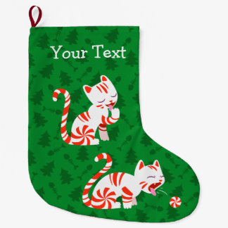 Cute Candy Cane Cat Large Christmas Stocking