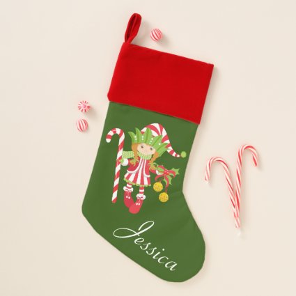 Cute Candy Cane Elf Personalized Christmas Stocking