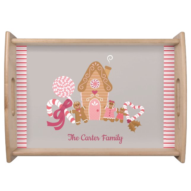 Cute Candy Cane Gingerbread House Pink Grey Serving Tray (Front)