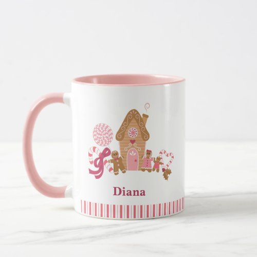 Cute Candy Cane Gingerbread House Pink White Mug