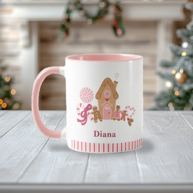 Cute Candy Cane Gingerbread House Pink White Mug (Creator Uploaded)
