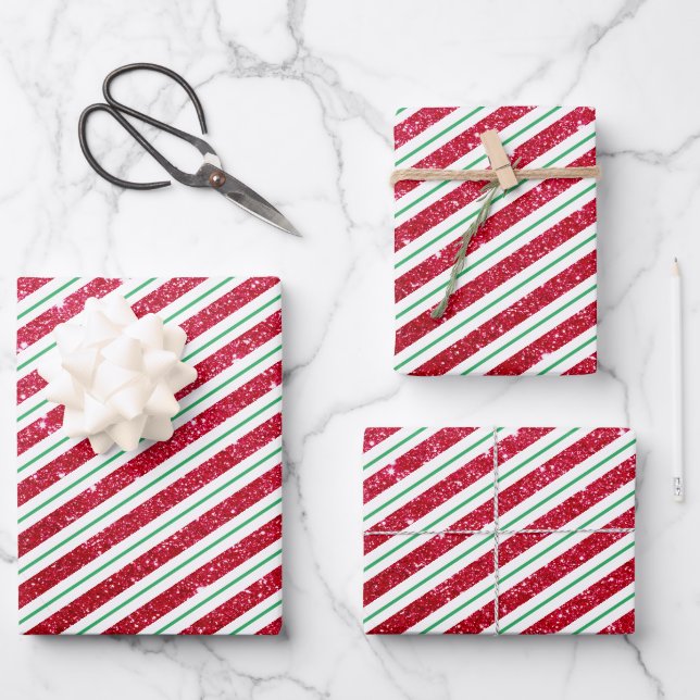 Cute Candy Cane Glitter Stripped Pattern Christmas Wrapping Paper Sheets (Front)