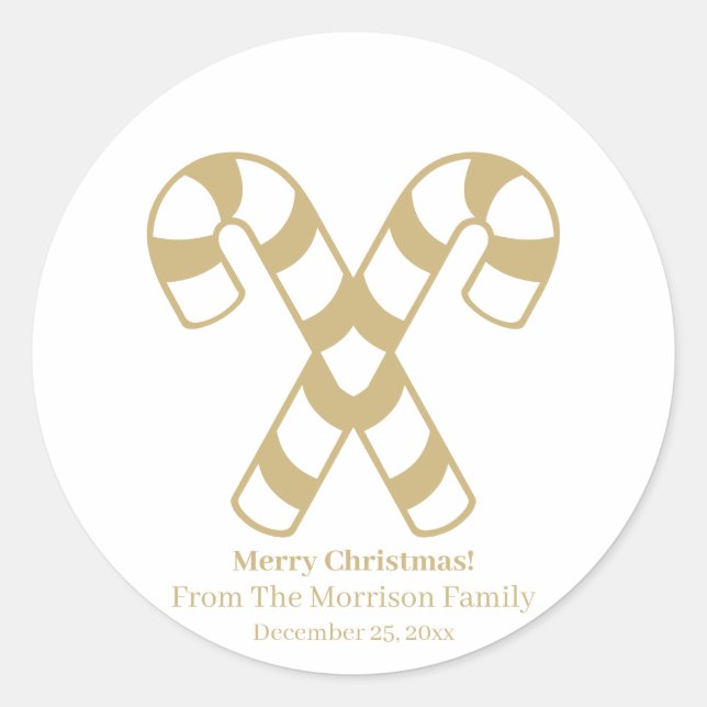 Cute candy cane gold white personalized Christmas Classic Round Sticker (Front)