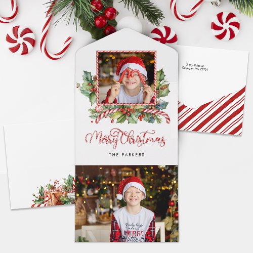 Cute Candy Cane Merry Christmas Floral Photo All In One Invitation