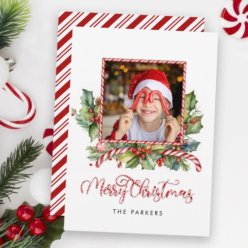 Cute Candy Cane Merry Christmas Floral Photo Holiday Card