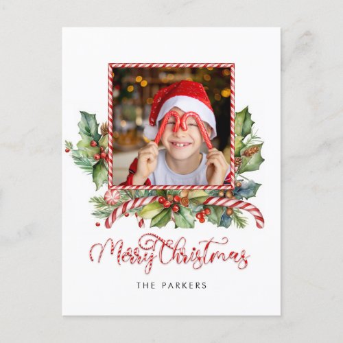 Cute Candy Cane Merry Christmas Floral Photo Holiday Postcard