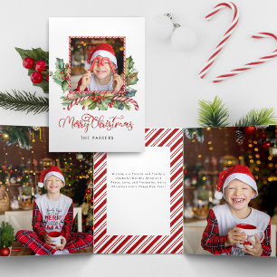 Cute Candy Cane Merry Christmas Floral Photo Tri-Fold Card