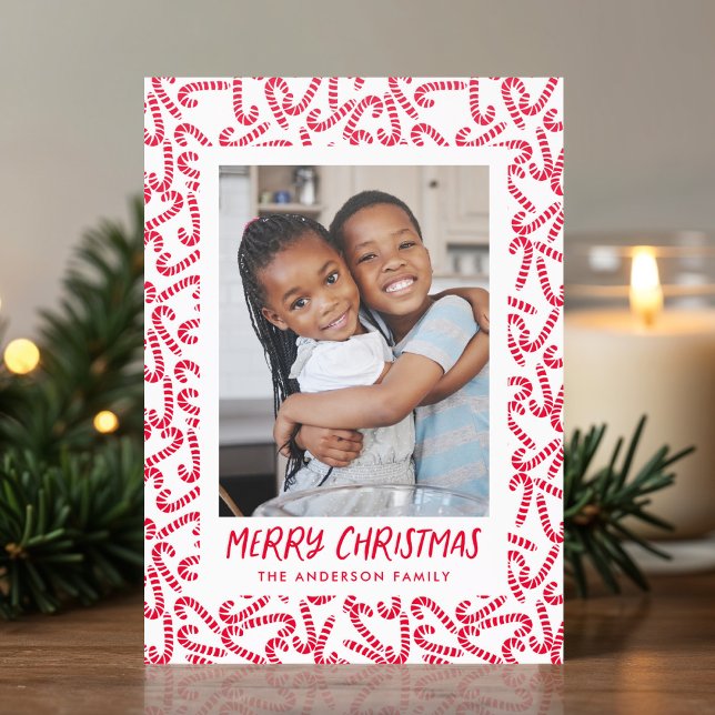Cute Candy Cane Pattern Merry Christmas Letterpress Photo Cards (Creator Uploaded)