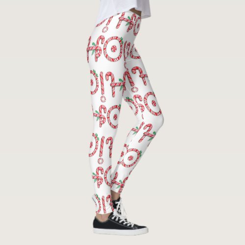 Cute Candy Cane Text Design with the Word HO Leggings