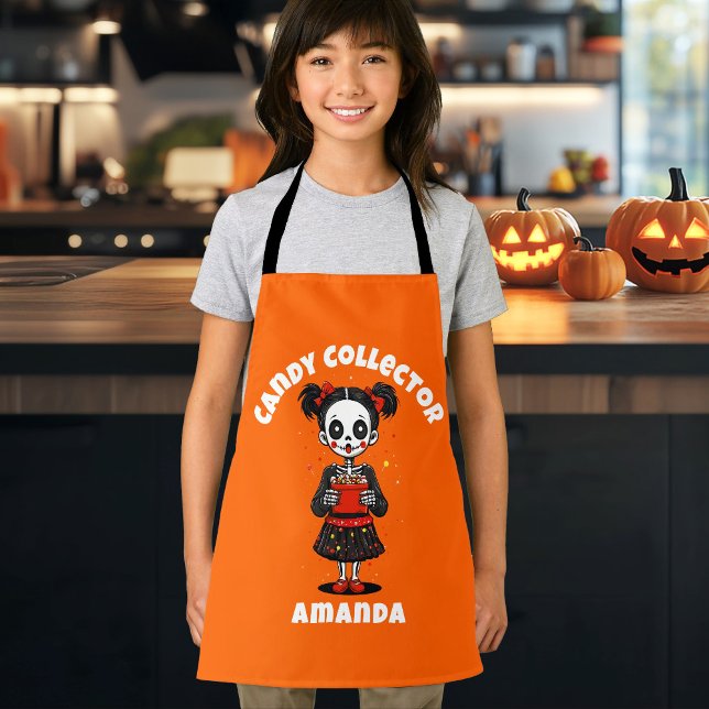 Cute Candy Collector Skeleton Kids Halloween Apron (Cute Candy Collector Skeleton Girls Halloween Apron)