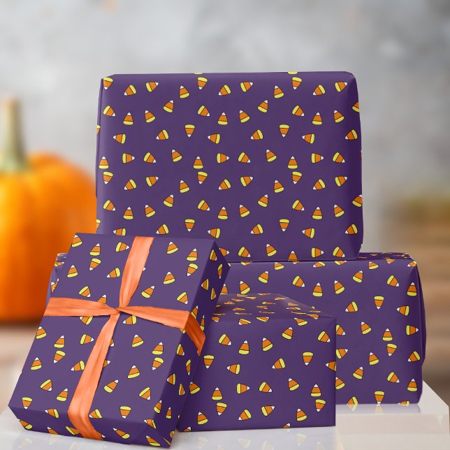 Cute Candy Corn Pattern Purple Wrapping Paper (Cute candy pattern on purple wrapping paper roll just for you)