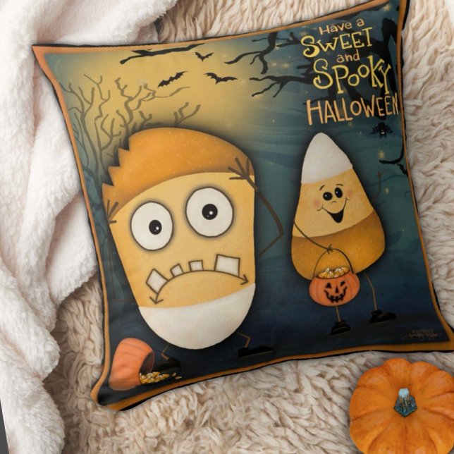 Cute, Candy Corn Sweet and Spooky Halloween  Throw Pillow (Creator Uploaded)