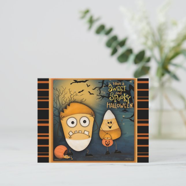 Cute Candy Corn Sweet Spooky Halloween Postcard (Standing Front)