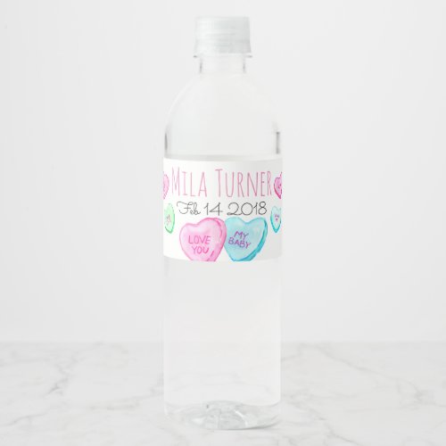 Cute candy heart valentines water bottle label