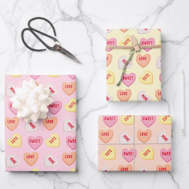 Cute candy hearts editable text pink orange yellow wrapping paper sheets (Front)