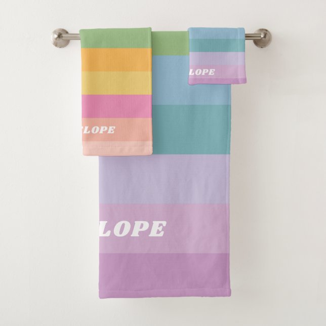 Cute Candy Pastel Rainbow Stripes Personalized  Bath Towel Set (Insitu)