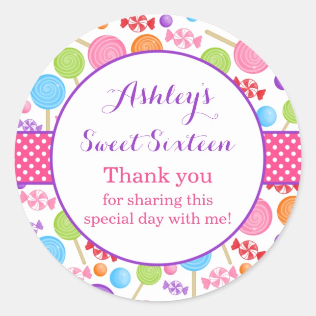 Cute Candy Sweet 16 Birthday Party Favor Classic Round Sticker (Front)