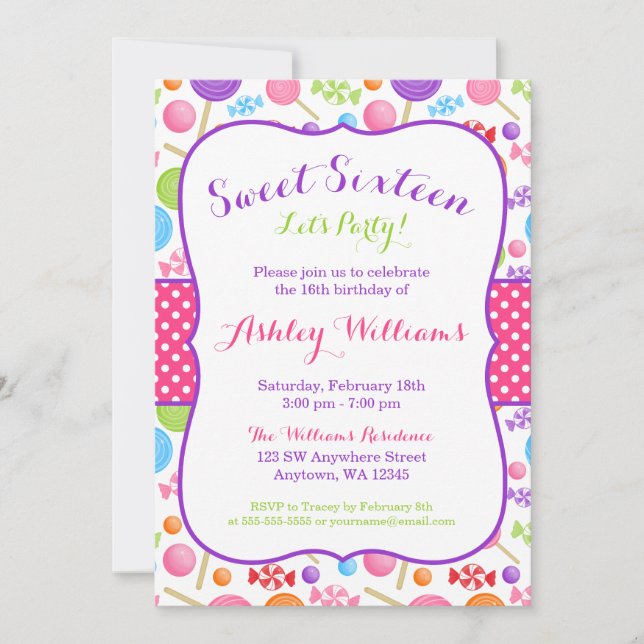 Cute Candy Sweet 16 Birthday Party Invitation (Front)