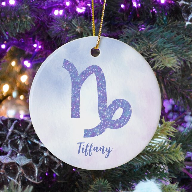 Cute Capricorn Astrology Sign Personalized Purple Ceramic Ornament (Creator Uploaded)