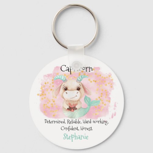 Cute Capricorn Watercolor Bull Zodiac Personalized Keychain
