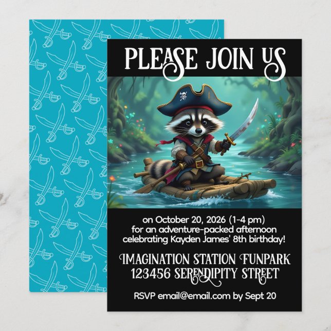 Cute Captain Raccoon Rafting Boys' Birthday  Invitation (Front/Back)