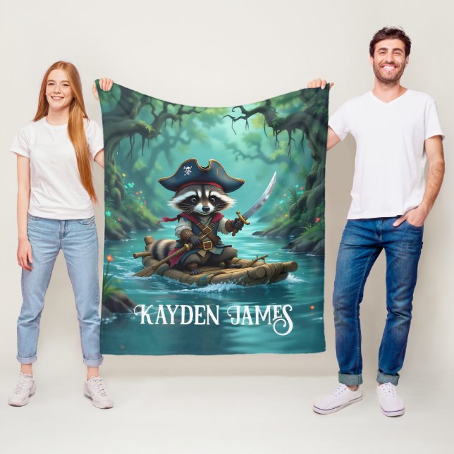 Cute Captain Raccoon Rafting Down the River Fleece Blanket (In Situ)