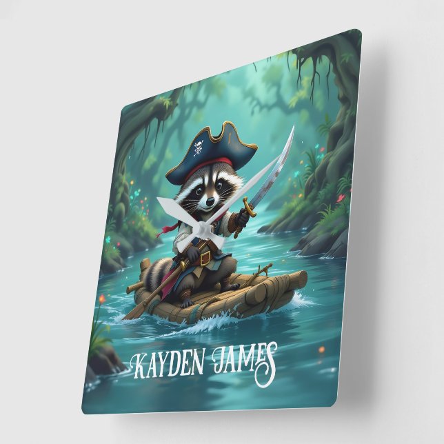 Cute Captain Raccoon Rafting Down the River Square Wall Clock (Angle)
